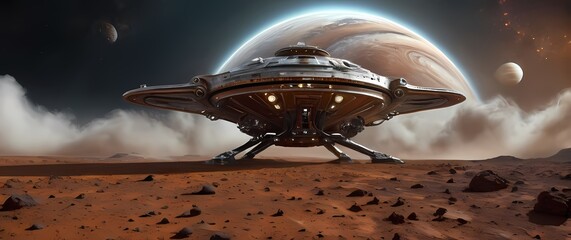 Wall Mural - a fascinating landed spaceship positioned on the rusty martian surface set against a backdrop of swi