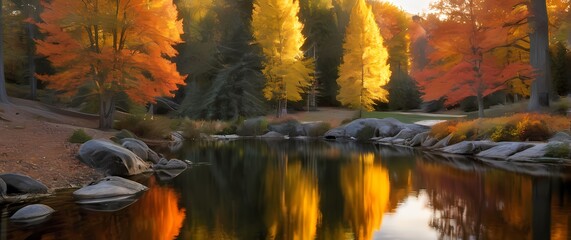 Wall Mural - A dynamic view of autumn foliage reflecting off a tranquil pond where colors merge into a spectacular display of seasonal beauty