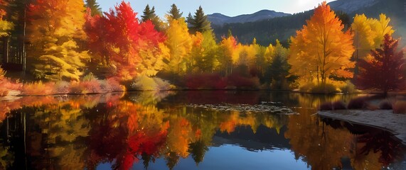 Wall Mural - A dynamic view of autumn foliage reflecting off a tranquil pond where colors merge into a spectacular display of seasonal beauty