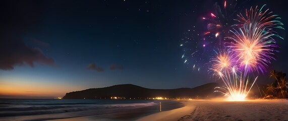 Wall Mural - A dynamic representation of bursts of colorful fireworks illuminating a night sky over a serene beach capturing moments of joy and celebration