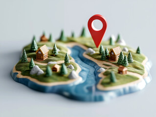 Poster - Map landscape with location pin and wooden houses near river