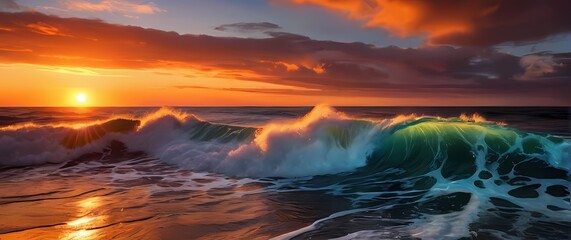 Wall Mural - A dramatic sunset view reflecting over glistening ocean waves with vibrant colors blending into a tapestry of natures breathtaking beauty