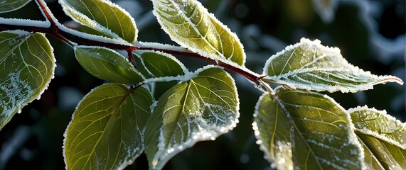 Wall Mural - A delightful closeup of frosty leaves in early morning light where each detail shimmers like a work of art amid the cold
