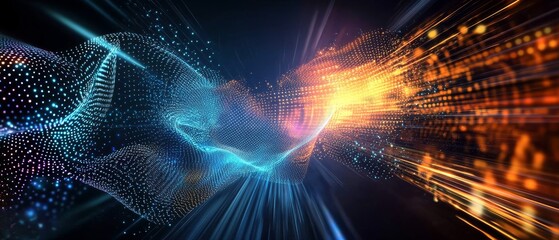 Poster - This vibrant digital background illustrates key concepts of artificial intelligence, data transfer, and advanced technology across various fields, highlighting their interconnections