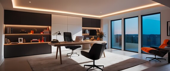 Wall Mural - A contemporary home office featuring minimalist design stylish furniture and bright bursts of color bathed in natural light and inviting concentration