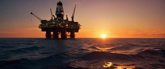 Wall Mural - A colossal oil platform safely anchored in the shimmering sea at sunset reflecting brilliant hues over the tranquil waves igniting the imagination