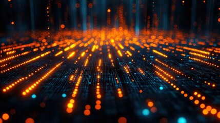Poster - Orange data streams converge, digital landscape, futuristic background, technology concept