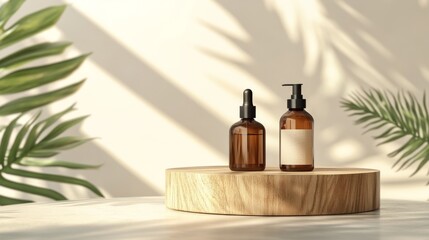 Elegant Natural Skincare Products Display on Wooden Platform