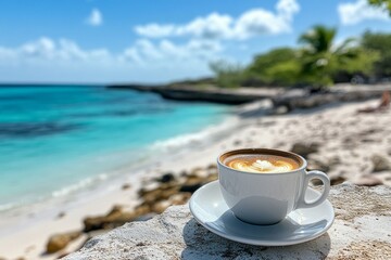 Aufkleber - A pristine beach captures sunlight as a beautifully crafted cup of coffee rests on a stone ledge. Waves gently lap at the shore while palm trees sway in the breeze, creating a peaceful escape