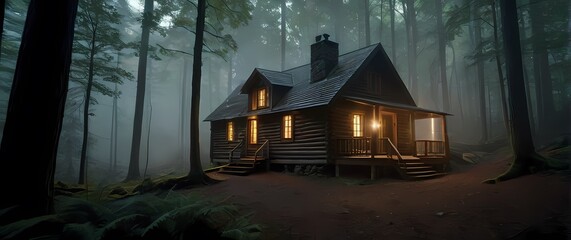 Wall Mural - A charming scene of a secluded cabin enveloped in misty forest where tranquility and warmth reign in natures embrace