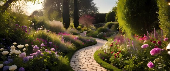 Wall Mural - A charming portrayal of a winding path leading through a flower filled garden inviting exploration and connection with natures beauty