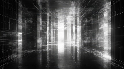 Aufkleber - Futuristic grayscale corridor, bright end, reflective floor, digital architecture, technology background