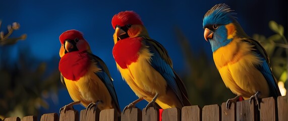 Wall Mural - A charming closeup of colorful birds perched playfully on a fence showcasing their feathers in bright reds blues and yellows celebrating nature