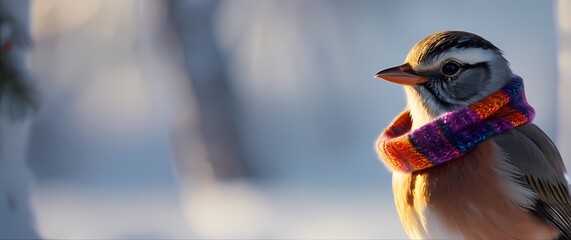 Wall Mural - A charming closeup of a quaint bird adorned with a colorful scarf perched delicately against a snowy backdrop capturing the spirit of the season