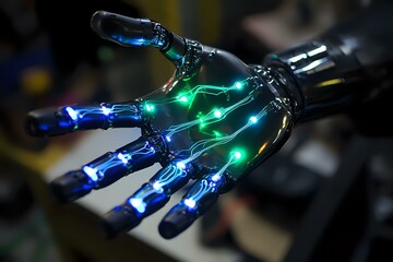 Poster - Futuristic robotic hand with glowing blue and green lights illuminating through transparent material, showcasing advanced prosthetic technology and innovation.