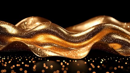Poster - Abstract golden liquid wave with glitter and sparkles flowing on dark background, luxury metallic fluid motion creates elegant dynamic curves and splashes.