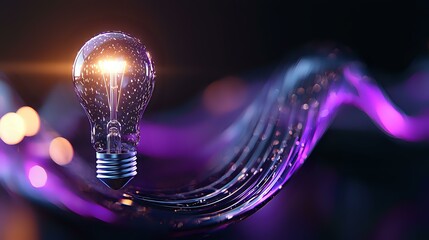 Poster - Glowing light bulb with purple neon wave effect on dark background, creative energy concept with luminous flowing lines and bokeh lights.