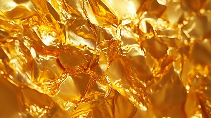 Poster - Crumpled gold foil texture with shiny metallic surface creating abstract pattern of light and shadows. Luxury background for premium designs and festive decorations.