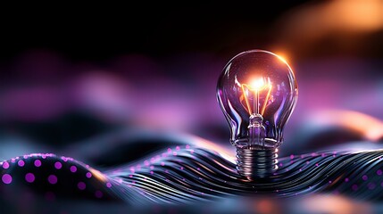 Poster - Glowing light bulb on rippled metallic surface with purple bokeh background creates futuristic atmosphere for innovation and creative concepts.