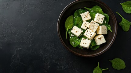 Wall Mural - a bowl of spinach and tofu on a black surface