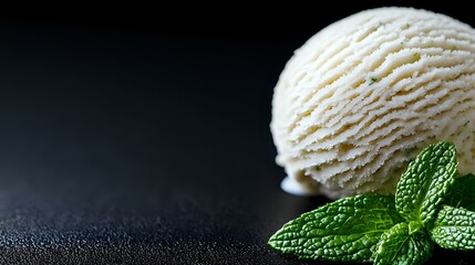 Poster - Creamy vanilla ice cream scoop with fresh mint leaves on dark background, textured frozen dessert close-up with copy space for menu or advertising.