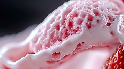Poster - Creamy strawberry ice cream macro shot showing soft texture and swirls of pink and white frozen dessert with fresh berry pieces in cold refreshing treat.