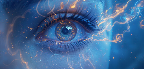 Poster - A close-up of an eye with intricate, glowing patterns radiating around it creates a stunning fusion of human beauty and technology. The vibrant colors enhance the mystical effect