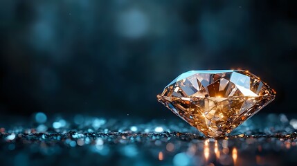 Poster - Brilliant champagne-colored diamond on dark reflective surface with bokeh background, sparkling with luxury and elegance. Macro photography captures light refraction.