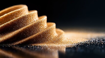 Poster - Glowing golden waves of fine particles creating abstract macro pattern with light reflections on dark background, artistic composition for luxury designs.