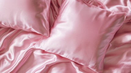 Poster - Plush pink satin pillows lie elegantly on a silky bedspread, enhancing the cozy and inviting ambiance of the bedroom, perfect for relaxation and comfort