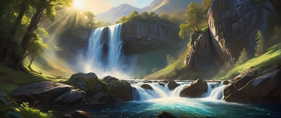 Wall Mural - A captivating oil painting of majestic waterfalls cascading down vibrant rocks surrounded by sunlight and luscious greenery inviting serene thoughts