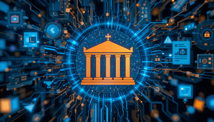 Poster - A classical bank building is illustrated at the center, surrounded by modern digital symbols and circuitry, showcasing the fusion of traditional finance with technology