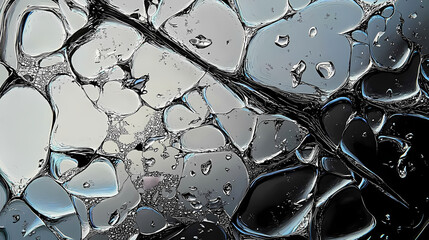 Close-up of shattered glass creating an intricate pattern with reflections and water droplets. Shattered Reflections. Illustration