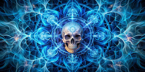 Poster - A vibrant fractal design displays a luminous skull at the center amidst swirling blue patterns. The composition evokes a sense of mystery and intrigue, blending elements of fantasy and surrealism