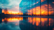 A sleek modern office with shiny metal and large glass windows near a coastal road, symbolizing business, progress, and connection, set in a bright, minimalist environment with a blurred background