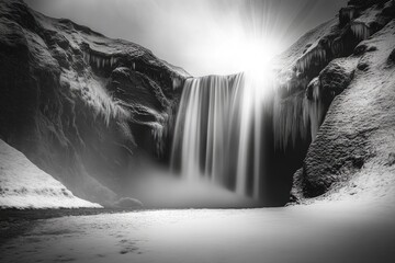 Canvas Print - A majestic waterfall cascades down snow-covered cliffs, bathed in sunlight, creating a breathtaking winter scene.