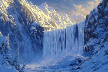 Canvas Print - Majestic frozen waterfall cascades down a snow-covered mountain valley in a breathtaking winter landscape.