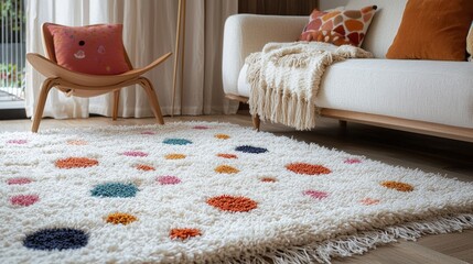 Poster - Soft and plush, the shag rug with colorful polka dots and tassels adds a playful touch to a modern living area, perfectly complementing the warm decor and inviting atmosphere