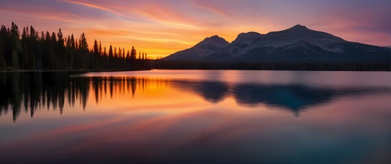 Wall Mural - A breathtaking view of a sunset reflected in glassy waters turning tranquil lakes into canvases of stunning colors and serenity