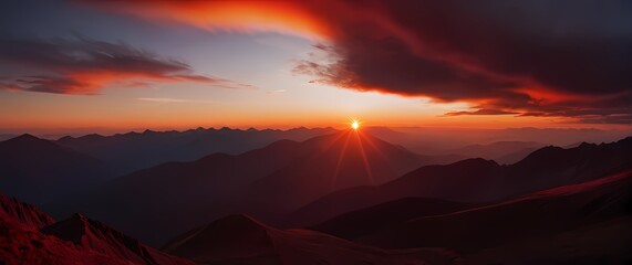 Wall Mural - A breathtaking view of a mountain sunset vast skies painted with deep hues of red and orange above silhouettes of rolling peaks