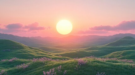 Wall Mural - Sunset over rolling hills, purple flowers, peaceful landscape, idyllic scene, website background