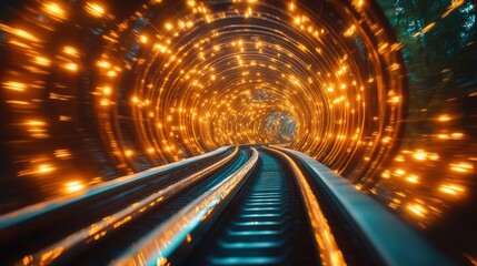 Poster - Futuristic escalator tunnel, glowing lights, park background, travel concept