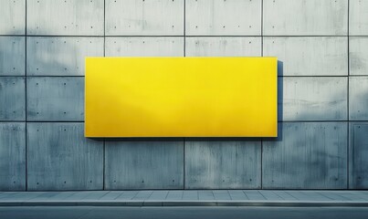 Blank yellow billboard placed on a grey urban wall, sharp color contrast, clean minimal design, ready for creative advertisement concept, outdoor street scene