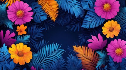 Sticker - Tropical flowers frame, dark blue background, summer design, website banner