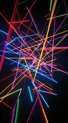 Wall Mural - Abstract neon lines ascend through a dark background, evoking a sense of futuristic energy and movement.