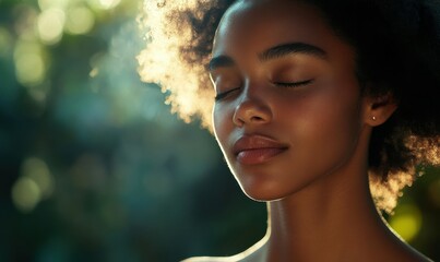 Wall Mural - Close-up of a woman with a serene expression, sunlight highlighting her soft features, radiating peace and mindfulness