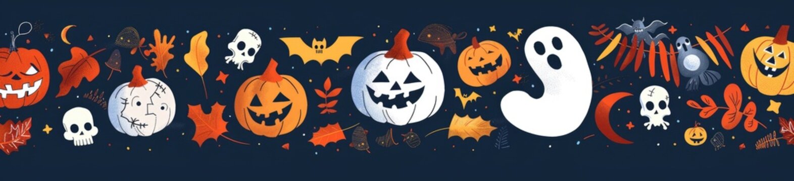 A festive Halloween party border featuring a variety of spooky elements. Jack-o'-lanterns with carved faces, bats, ghosts, and witch hats arranged along the edges of the border