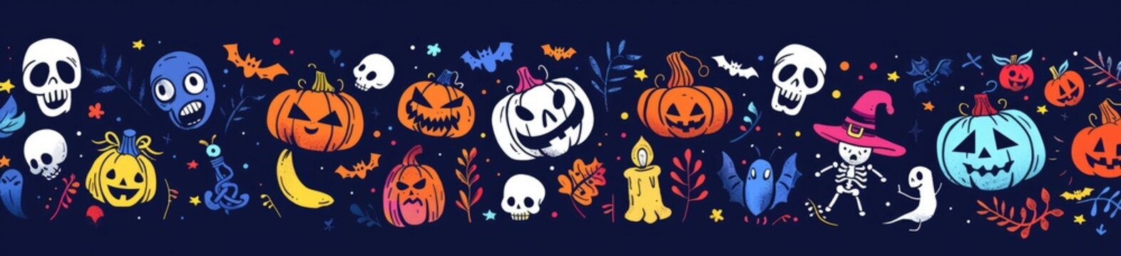 A festive Halloween party border featuring a variety of spooky elements. Jack-o'-lanterns with carved faces, bats, ghosts, and witch hats arranged along the edges of the border