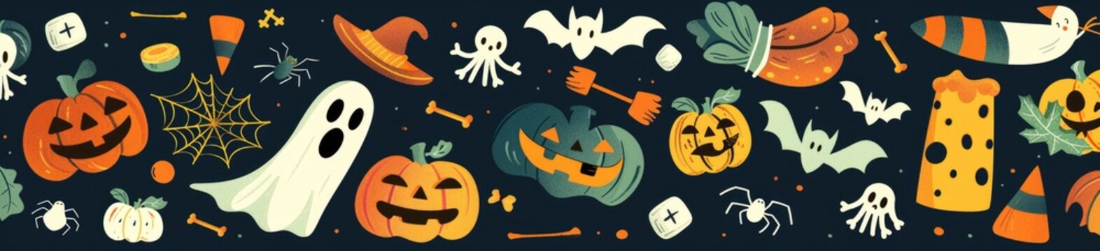 A festive Halloween party border featuring a variety of spooky elements. Jack-o'-lanterns with carved faces, bats, ghosts, and witch hats arranged along the edges of the border