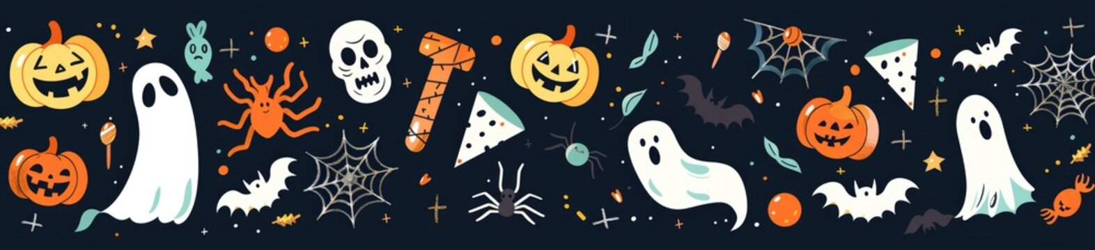 A festive Halloween party border featuring a variety of spooky elements. Jack-o'-lanterns with carved faces, bats, ghosts, and witch hats arranged along the edges of the border